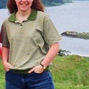 Karen Scott - Olive green and white horizontal striped top